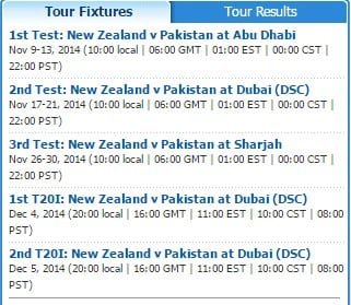Pakistan vs New Zealand 2014 schedule