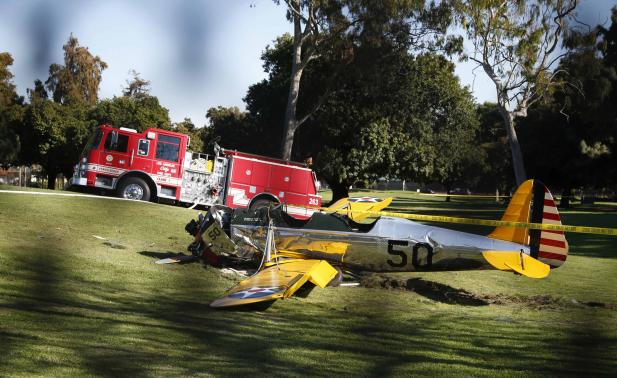 Harrison Ford An airplane sits after crash landing at Penmar Golf Course in Venice California