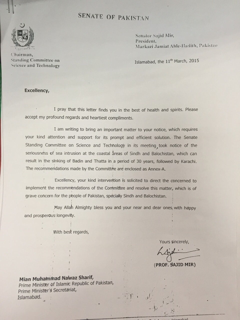 The letter recommends that the issue should be forwarded to the Council of Common Interests (CCI)