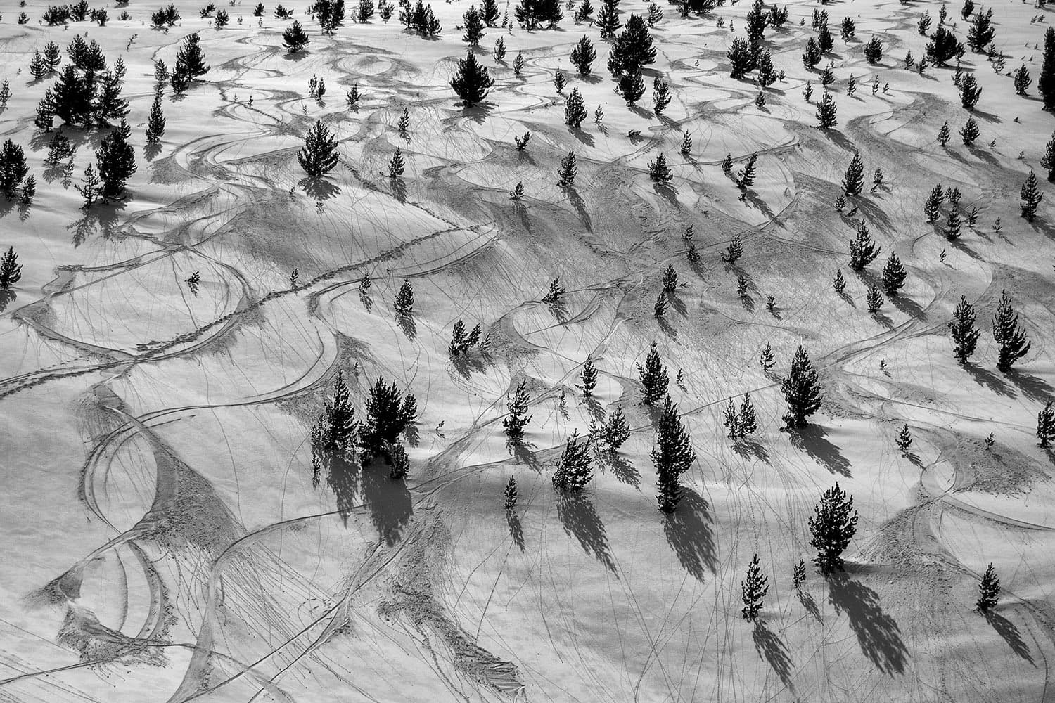 Lines left after skiing on the snowy slopes of Baba Mountain, Pelister National Park, Macedonia