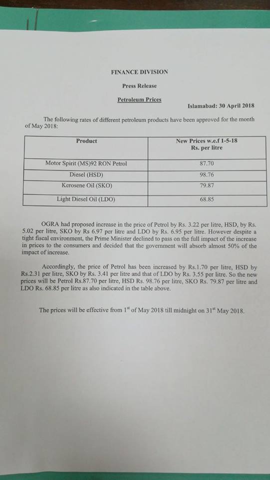 Petroleum Prices in Pakistan May 2018 ( Press Release )
