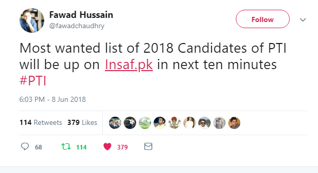 PTI official website crashes as Fawad Hussain tweets about Final Candidate list