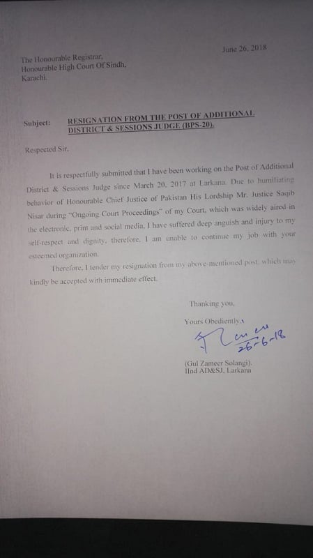 Larkana judge resigns