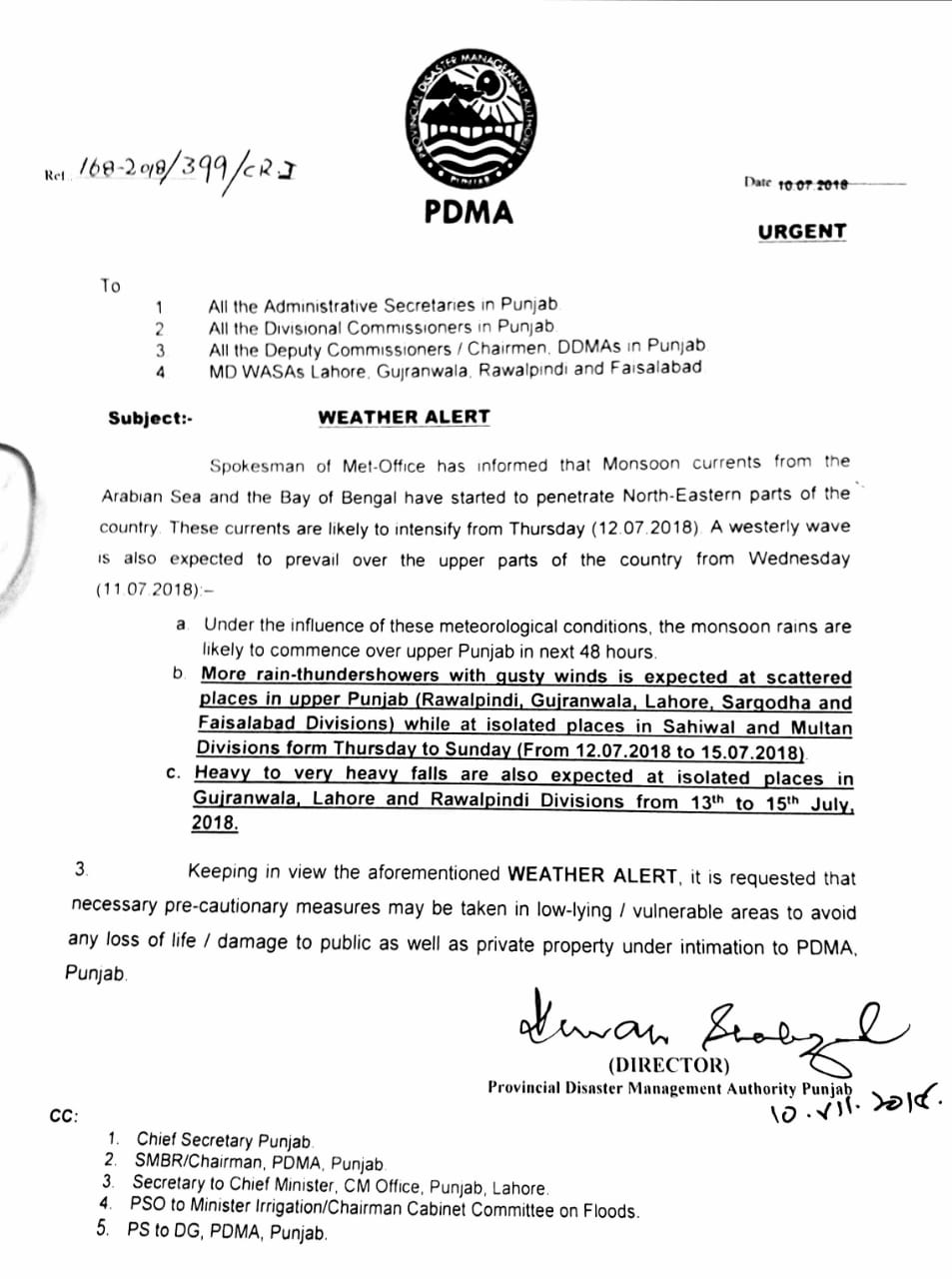 PDMA Weather Alert for Rawalpind/Islamabad and Lahore