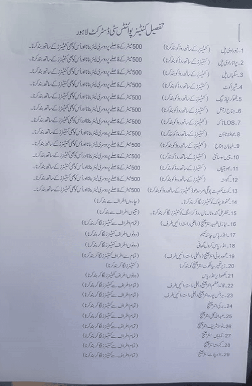 Lahore Traffic Plan - The List issued by Lahore Police 