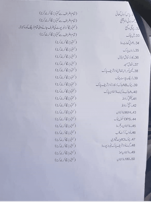 Lahore Traffic Plan - The List issued by Lahore Police 