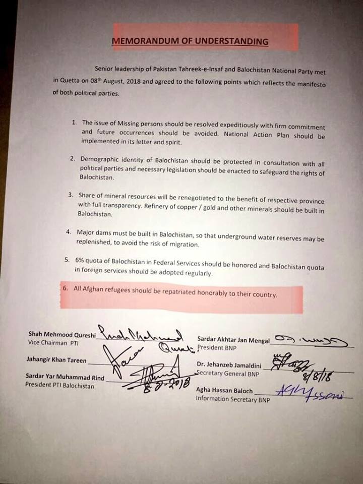 A copy of Mou signed between PTI-BNP MoU (BNP Chairman Akhtar Mengal, PTI vice-president Shah Mehmood Qureshi)