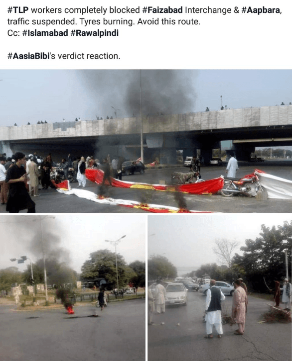 According to reports Abpara and Faizabad, Traffic suspended. Tires burning. 