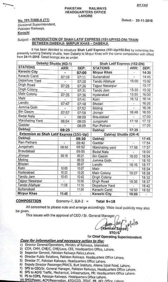 Shah Latif Express Timings 