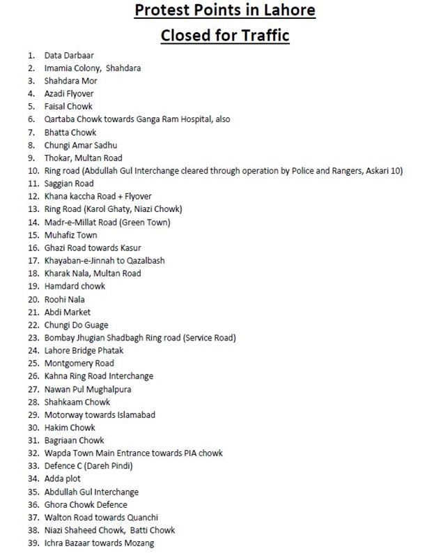 List of Routes/Road Blocked in Karachi / Lahore / Islamabad