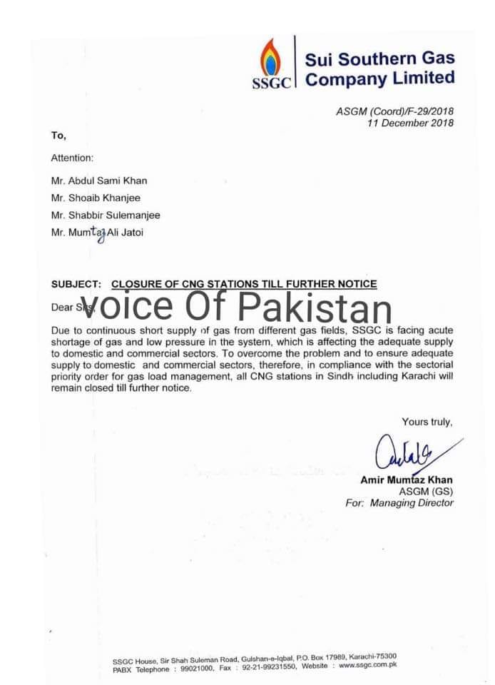 SSGC halts CNG supply for indefinite period in Sindh (notification)