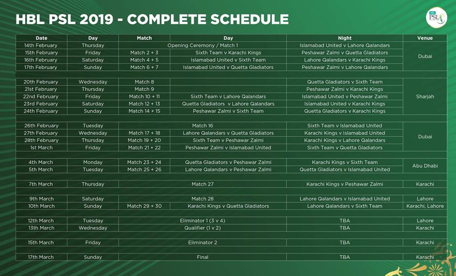 HBL PSL 2019 - COMPLETE SCHEDULE