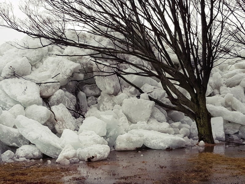 ice shoves / ice pushes  are caused by high winds. 