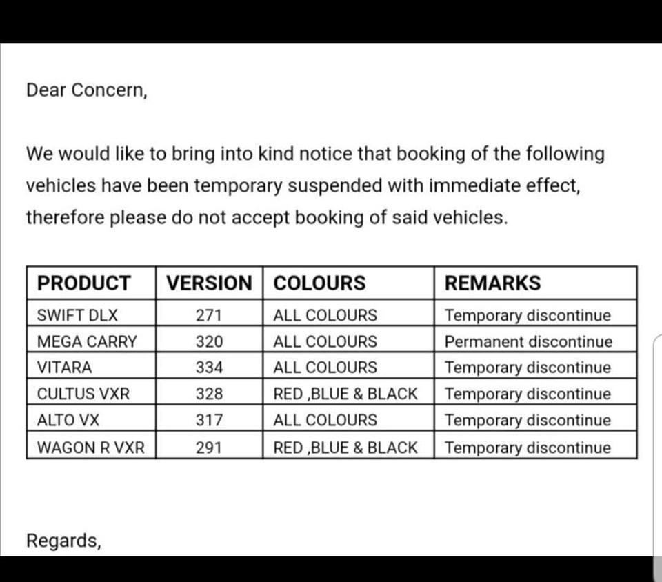 Pak Suzuki temporarily suspends booking of some vehicles 