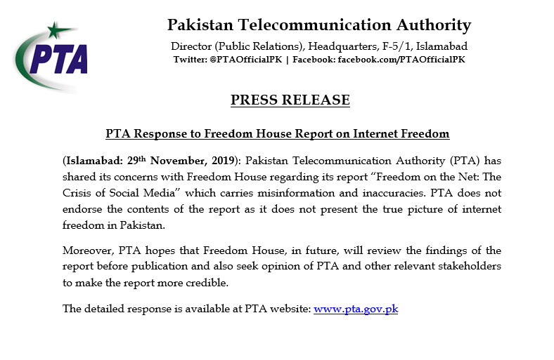 PTA response to Freedom House report on Internet Freedom