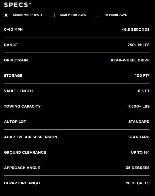 Tesla Cybertruck Single Motor Specs