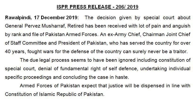 ISPR Statement on Musharraf verdict
