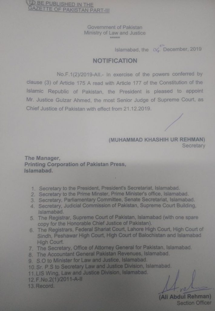 Justice Gulzar Ahmed appointed as new Chief Justice of Pakistan