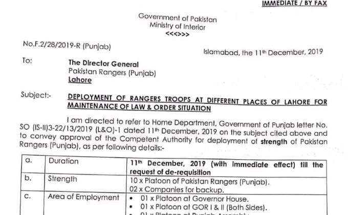 Punjab Rangers called to secure sensitive location in Lahore