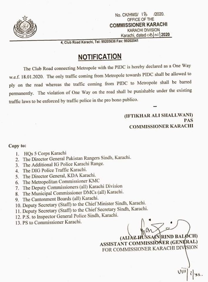 Club Road Karachi declared as ONE WAY 