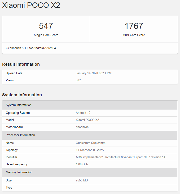 Xiaomi POCO X2 Geekbench