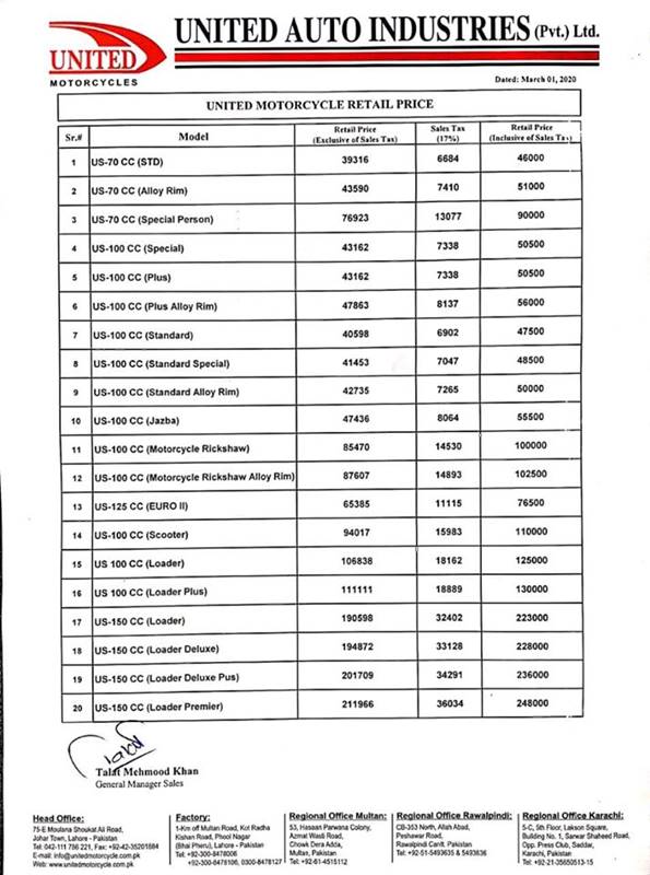 United Bike Prices Honda Yamaha US-100 US-70US-125 US-150