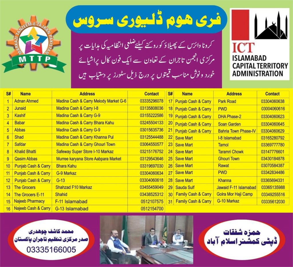 COVID-19: List of stores providing free home delivery in Islamabad
