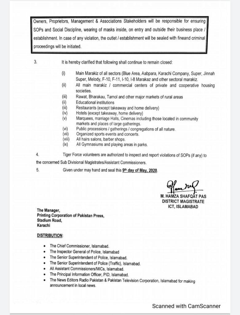 Lockdown in Islamabad extended till 31 May easing Restrictions 