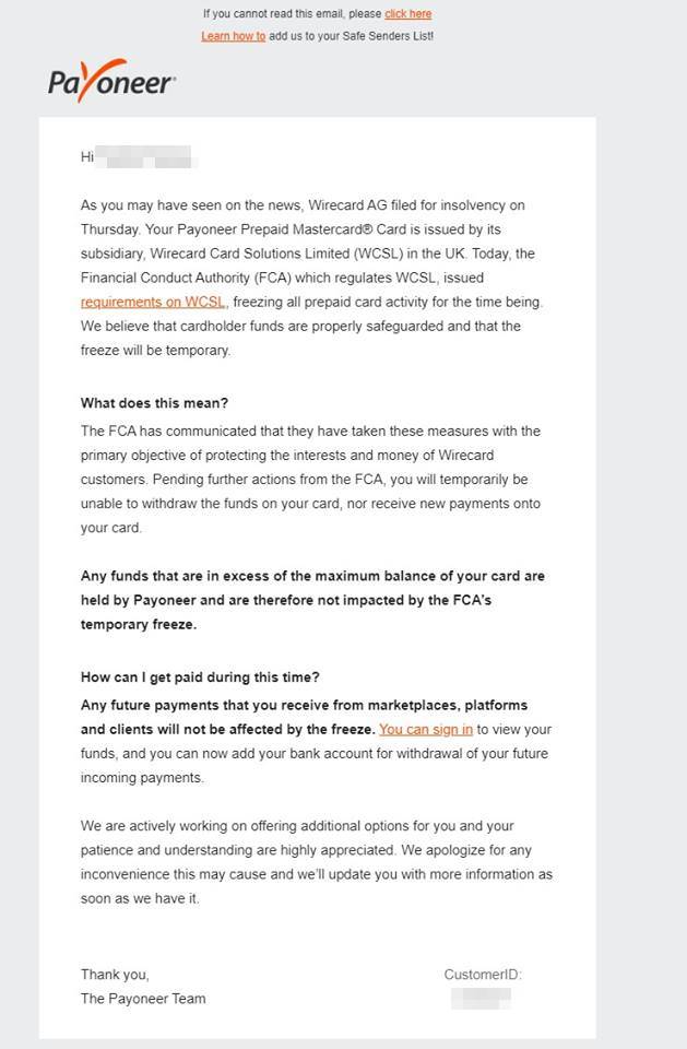 Payoneer transactions Wirecard UK