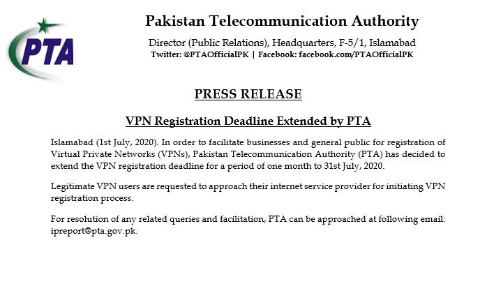 VPN Registration deadline extended by PTA