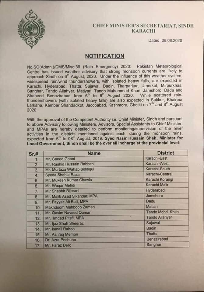 Chief Minister's secretariat Sindh issued a notification
