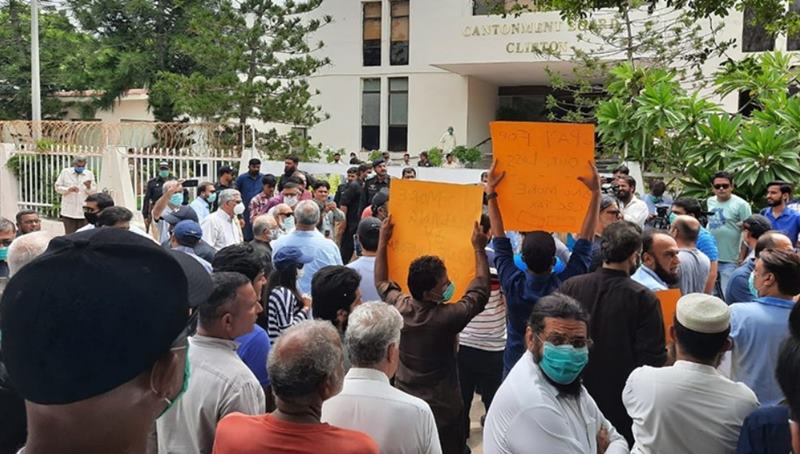 Residents of DHA and Clifton protest outside CBC Head office