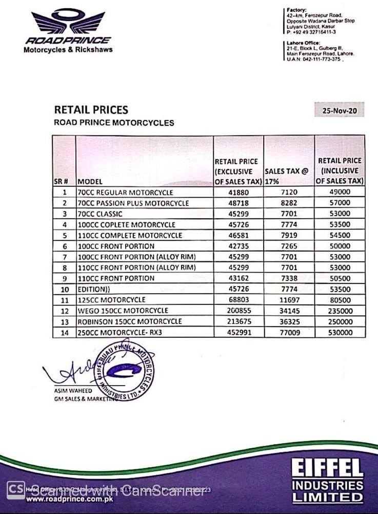 Retail Prices Road Prince Motorcycles