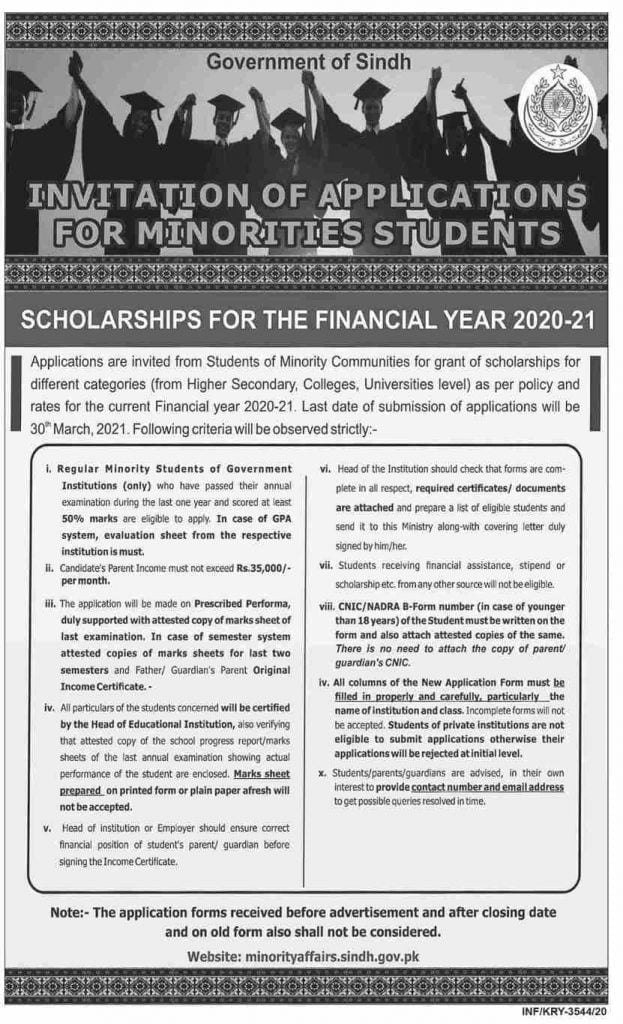 Sindh Government Minority Affairs Scholarship 2021