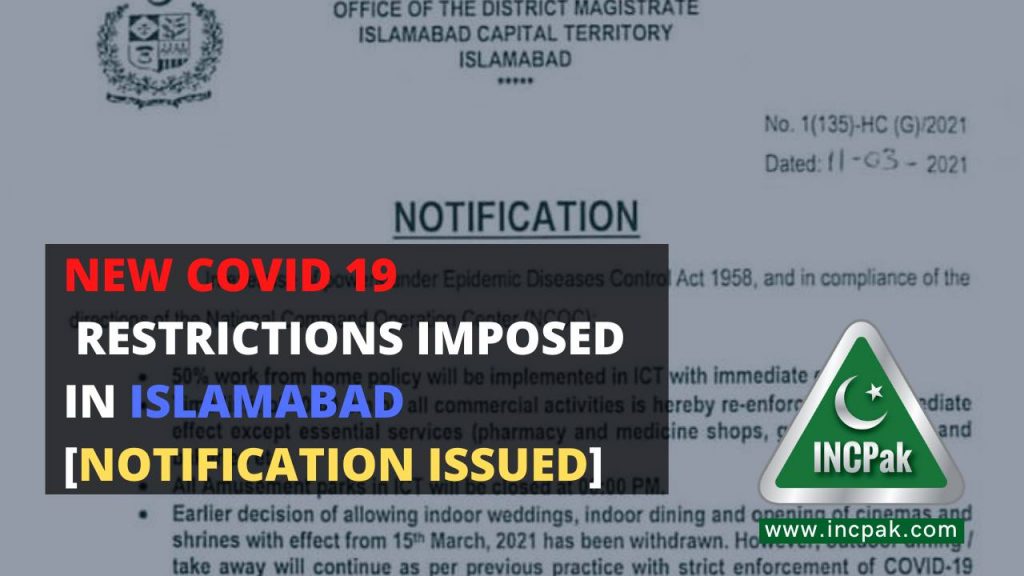 New Covid 19  Restrictions imposed in Islamabad [Notification issued] 