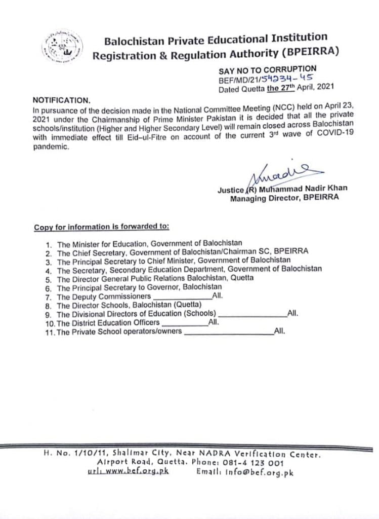 Private Schools In Balochistan will remain closed till Eid-ul-Fitr