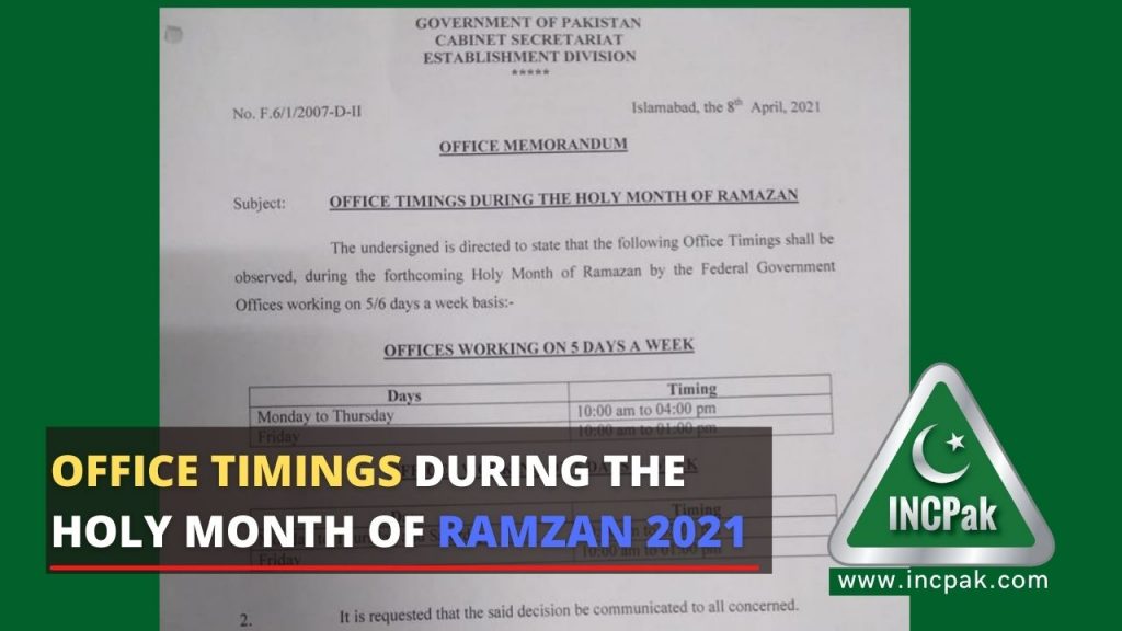 Office Timings during the Holy Month of Ramzan 2021