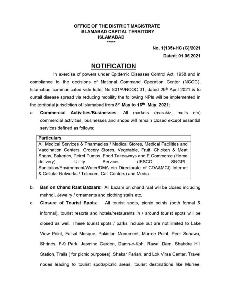 Commercial Activities to remain closed from 8 to 16 May in Islamabad [notification copy]
