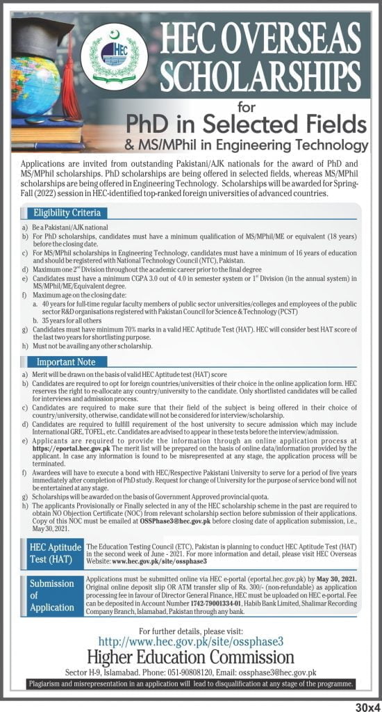 HEC Overseas Scholarships for PhD  & MS/M.Phil (Phase-III, Batch-3)