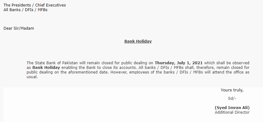 SBP Bank Holiday, Bank Holiday