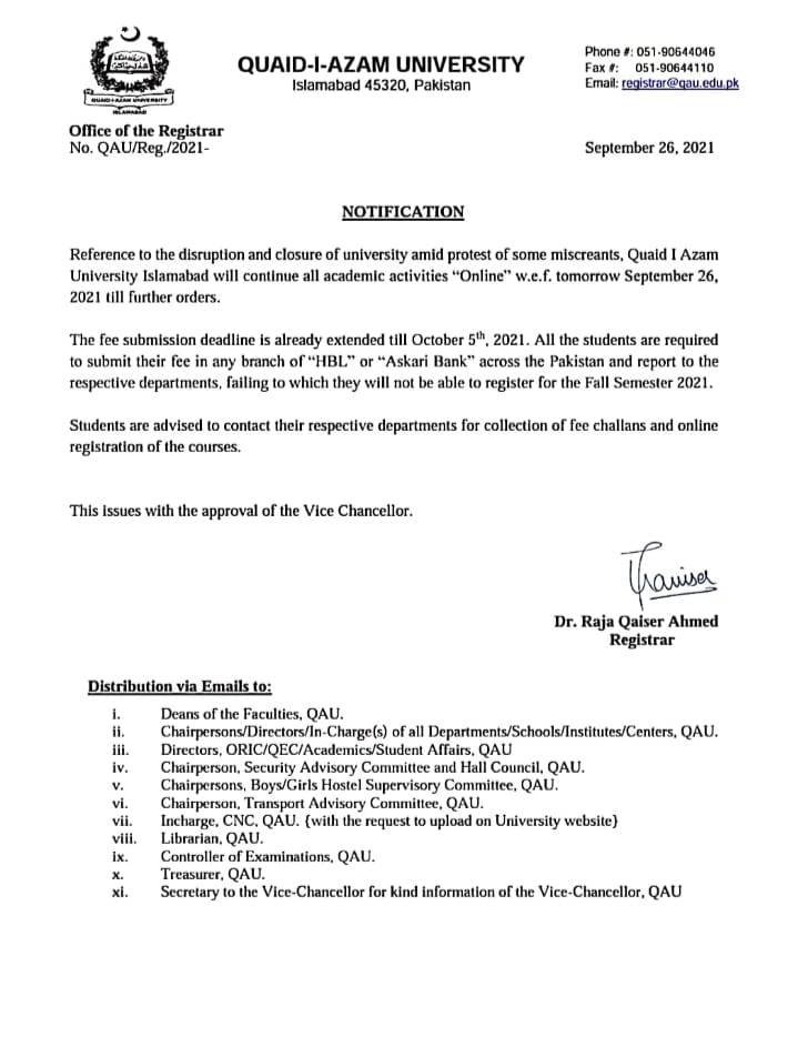 QAU Islamabad, QAU Islamabad Online Classes, QAU Islamabad Closed, Quaid-i-Azam University Islamabad