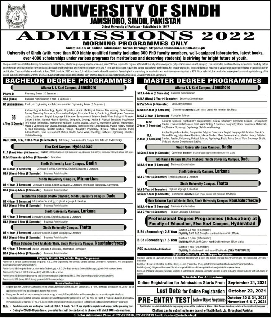 University of Sindh Admission 2022 for Bachelor and Master programes