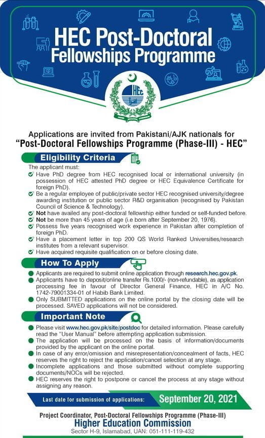 HEC Post-Doctoral Fellowships Programme (PhaseIII)