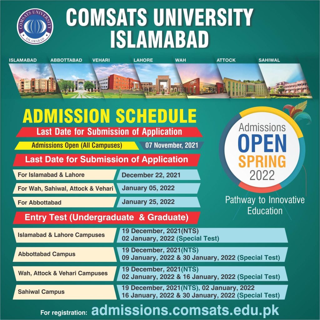 Comsats University admission in BS, MS & PhD programs-Spring 2022