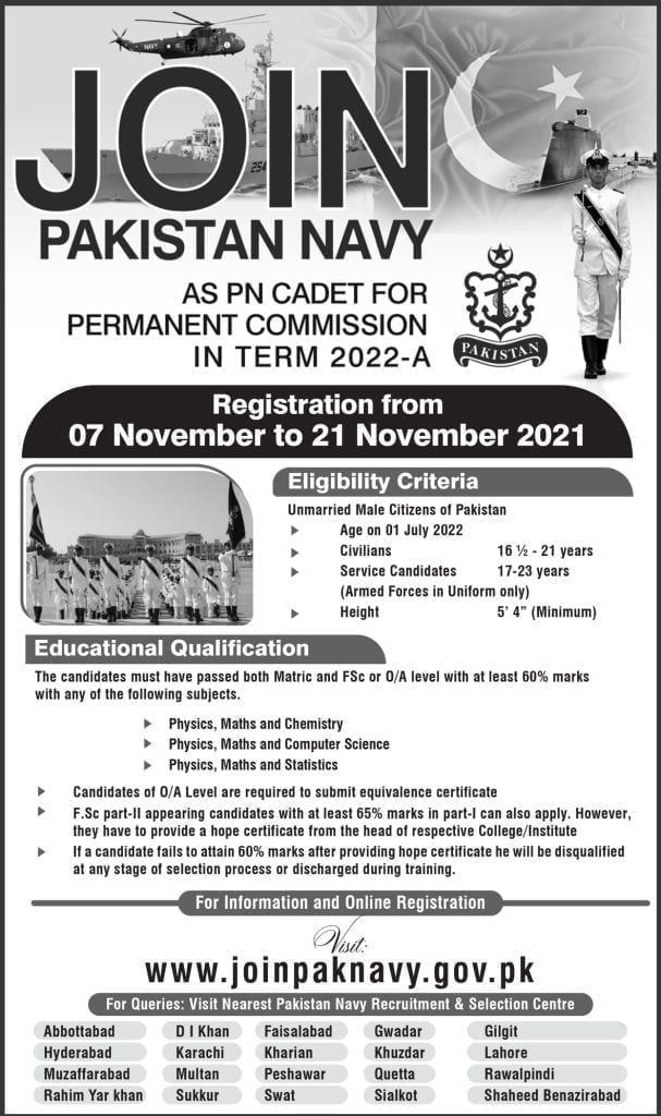 Join Pak Navy as PN Cadet for Permanent Commission 2022-A