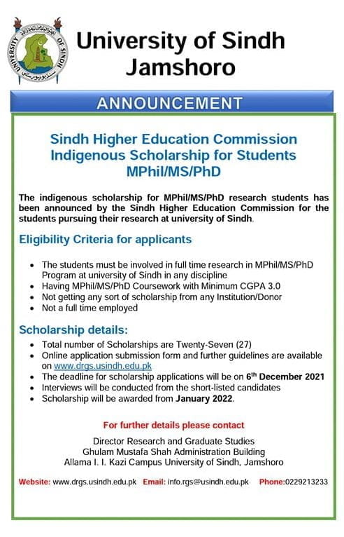 SHEC indigenous scholarship for MPhil/MS/Ph.D for University of Sindh