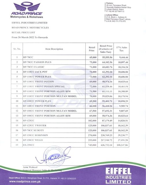 Road Prince Motorcycles Retail Price List 