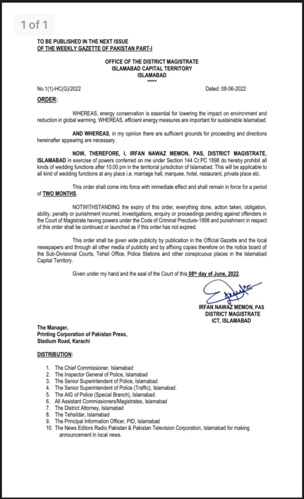 Govt Bans Weddings After 10pm in Islamabad