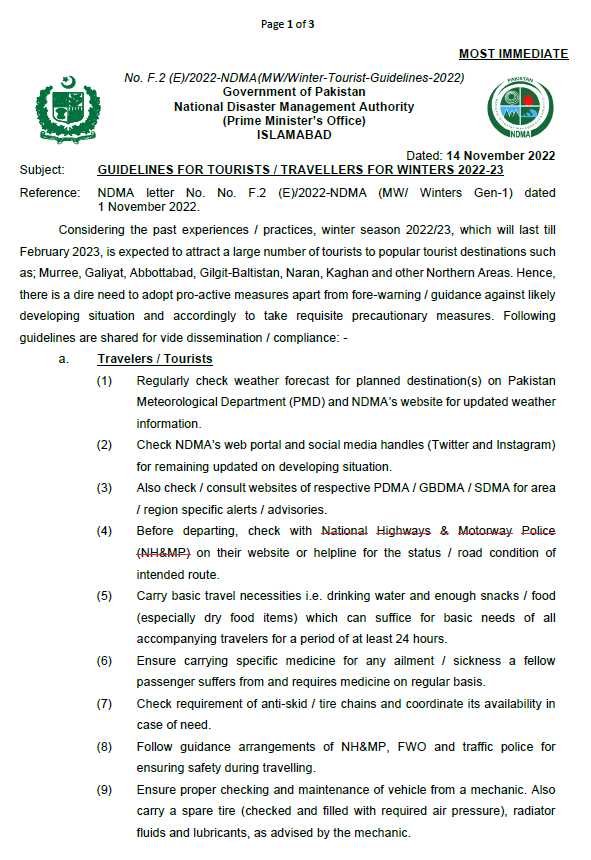 NDMA Travel Advisory, Travel Advisory