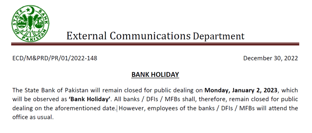 Bank Holiday, Bank Holiday in Pakistan, Bank Holiday 2 January 2023